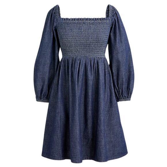 J.CREW Dresses & Skirts - J.Crew Denim Smocked Peasant Dress Women’s L Blue Puff Sleeve On/Off Shoulder